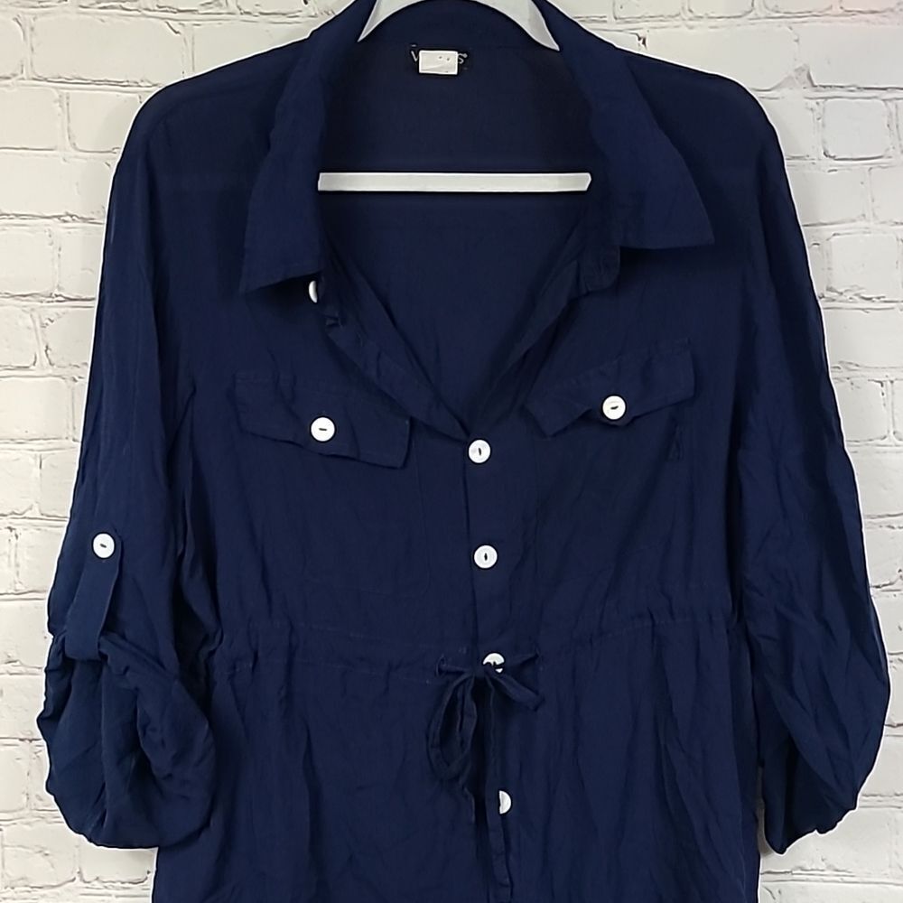 VENUS Navy Shirt Dress Beach Coverup Roll Tab Sleeve Nautical Mini XL Tunic - Picture 4 of 10